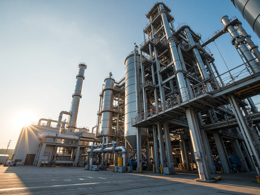 Modern steel manufacturing facility with workers in safety gear, large industrial machinery, blue sky background