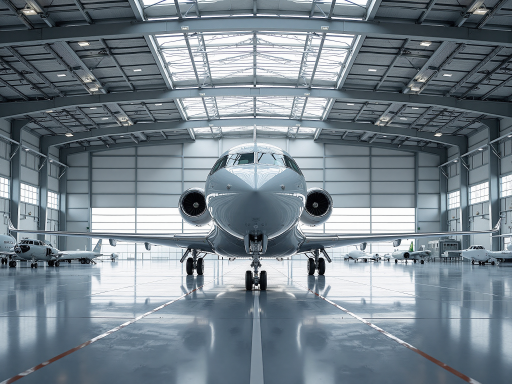 Finished aircraft hangar with steel frame visible, white exterior, African landscape background