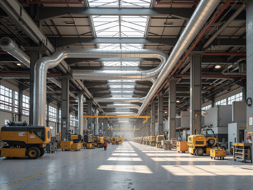 Factory workshop building during construction phase, workers installing steel beams