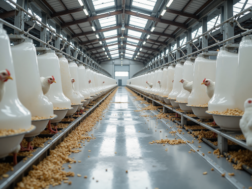 Modern farm building with green roof, livestock inside, rural African setting