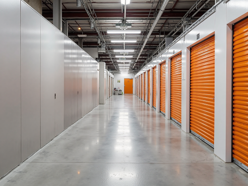 Storage facility with multiple colored sections, industrial complex in background