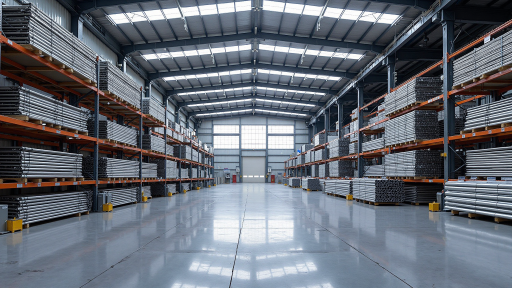 Large modern steel warehouse building with corrugated metal walls, bright red roof, clear sky background, African landscape