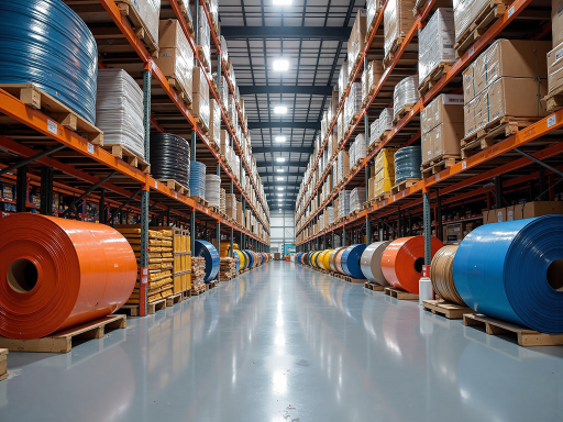 Multi-purpose storage building with steel frame, colorful exterior panels, multiple loading bays, industrial area