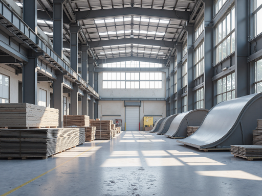 Large modern warehouse building with corrugated metal walls, bright red roof, clear sky background, African landscape