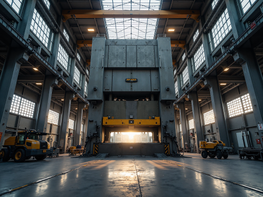 Industrial workshop building with steel framework, yellow and gray color scheme, large windows, African urban setting